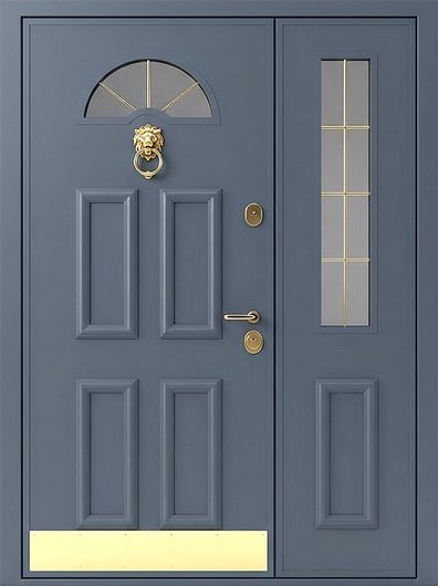 Полуторная уличная термодверь со стеклами, кнокером, отбойником, скрытыми петлями и панелями МДФ RAL с багетом