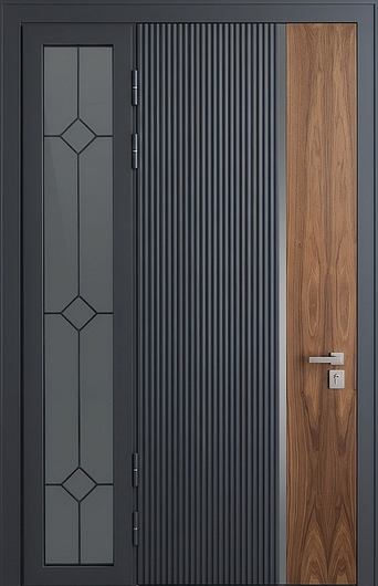 Стальная утепленная термодверь с остеклением сбоку и комбинированными панелями МДФ RAL + шпон